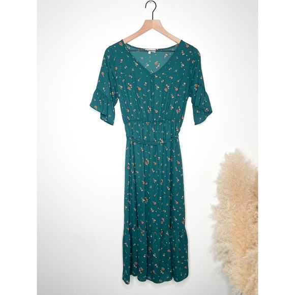 Roolee Green Floral Tiered Maxi Dress Small Ruffle Bell Sleeve Cottagecore - Picture 1 of 9